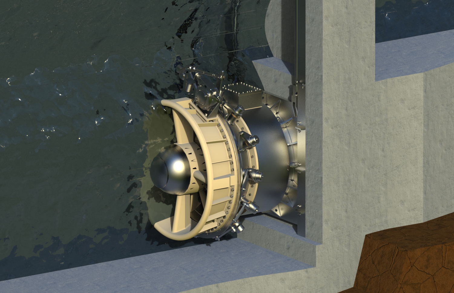 The turbine-generator unit operates completely surrounded by water, so the Kaplan EVO has been designed to lubricate itself solely with ambient engine water.