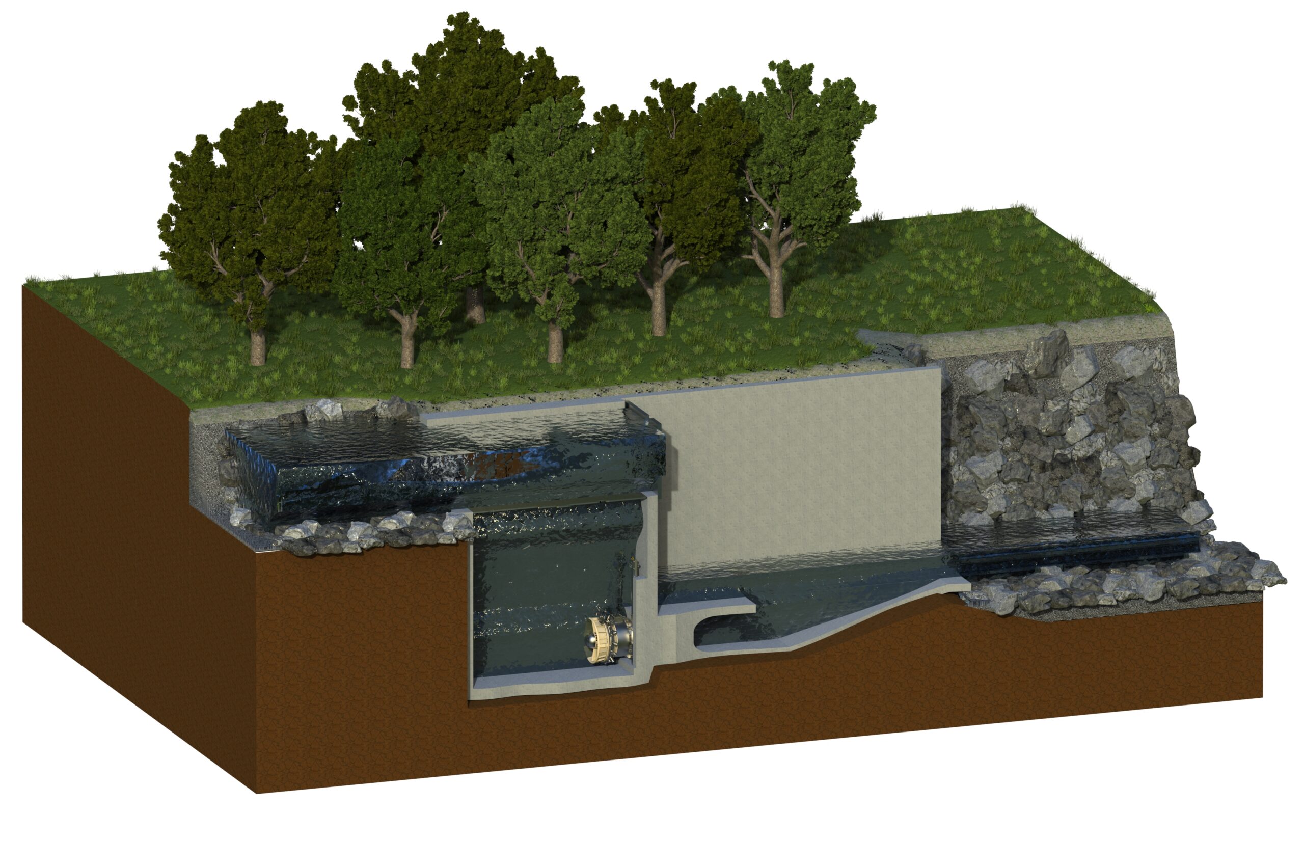 A major advantage of the shaft power plant is that the machine unit is fully submerged, thus neither visible nor audible.