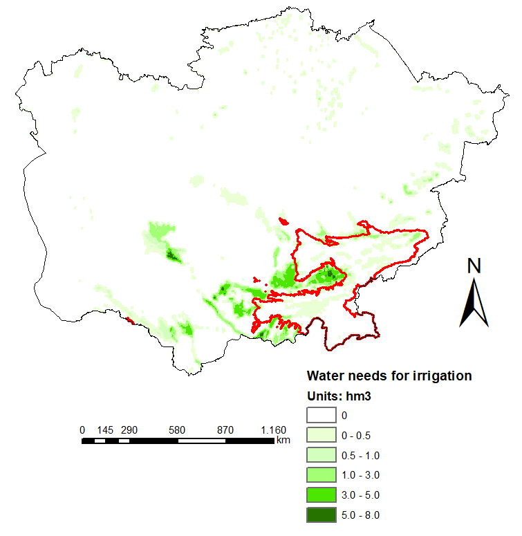 Figure 1. Water consumption calculated for irrigated crops, Central Asia (picture 1) and close up of the zone of runoff formation area (picture 2)