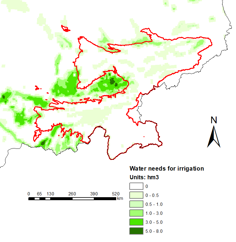 Figure 1. Water consumption calculated for irrigated crops, Central Asia (picture 1) and close up of the zone of runoff formation area (picture 2)