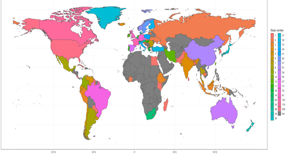 Application of the EF method on a global scale. the color scale indicates the number of scientific studies conducted using this method. the black color means the absence of its application.